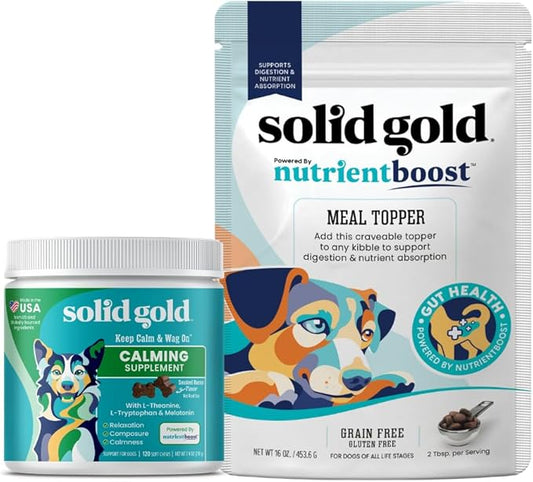 Solid Gold Stress & Anxiety Calming Chews 120ct & Food Topper Kibble for Dogs Plasma Powered High Protein Meal Topper 1 LB