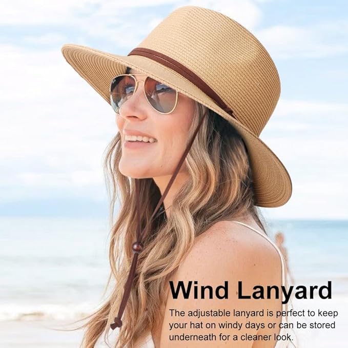 DRESHOW Women Straw Panama Hat Travel Fedora Beach Sun Hat Summer Wide Brim Straw Roll up Hat UPF 50+