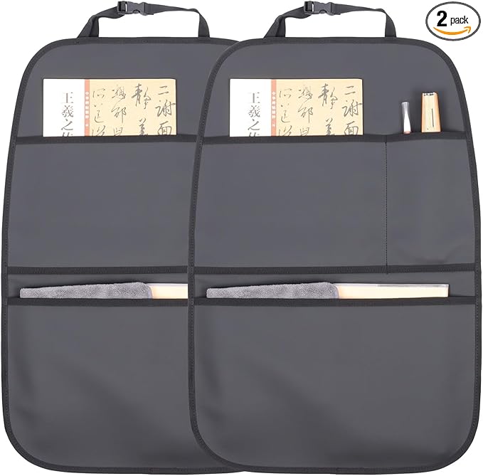 Kick Mat Back Seat Protector Waterproof Leather Car Seat Back Organizers Cover with 3 Storage Pockets for Kids Pets SUV Sedan Minivan Truck Car Travel Accessories (Black 2-Pack)
