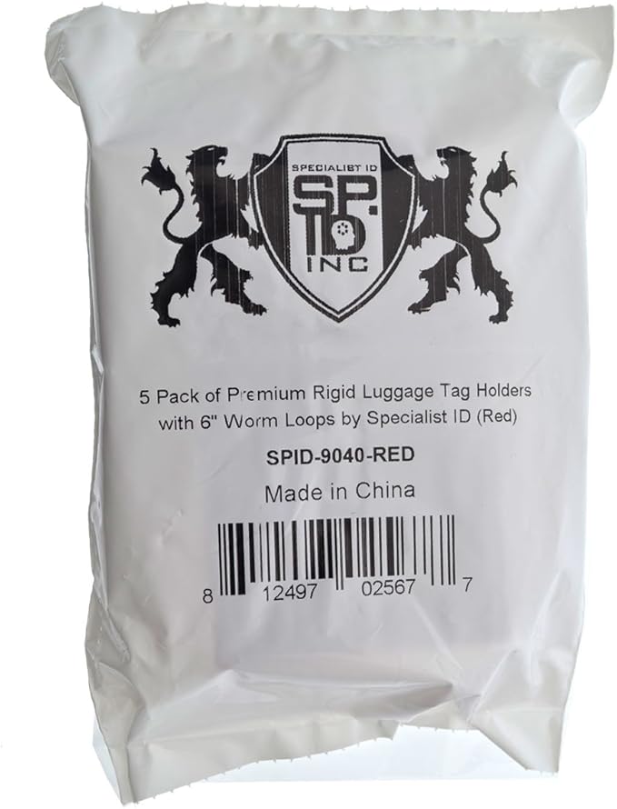 5 Pack - Premium Rigid Airline Luggage Tag Holders with 6" Worm Loops - Heavy Duty Hard Plastic -Suitcase ID Tag Identifiers with Business Card Insert Window by Specialist ID (Red)