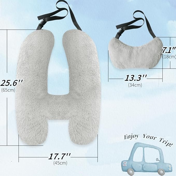 Soft Plush Car Pillow Travel Pillow for Kids with Neck Support Headrest, H-Shape Car Pillows for Kids Sleeping on Long Road Trips, Adults Child Car Seat Pillow, Body Support Travel Accessories, Grey