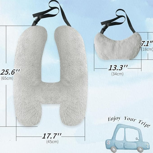 Soft Plush Car Pillow Travel Pillow for Kids with Neck Support Headrest, H-Shape Car Pillows for Kids Sleeping on Long Road Trips, Adults Child Car Seat Pillow, Body Support Travel Accessories, Grey