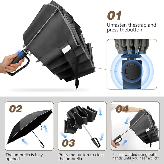 TOPSAIL 10 Ribs Inverted Umbrella with Carabiner Handle, Large Strong Windproof Umbrellas for Rain & Sun, 49" Portable Reverse Folding Compact Travel Umbrella with Safe Reflective Strip, for Women Men