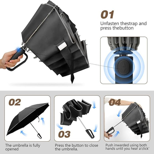 TOPSAIL 10 Ribs Inverted Umbrella with Carabiner Handle, Large Sturdy Folding Umbrellas Windproof for Rain & Sun, 49" Big Reverse Foldadble Umbrella for Travel Portable with Safe Reflective Strip, for Women Men