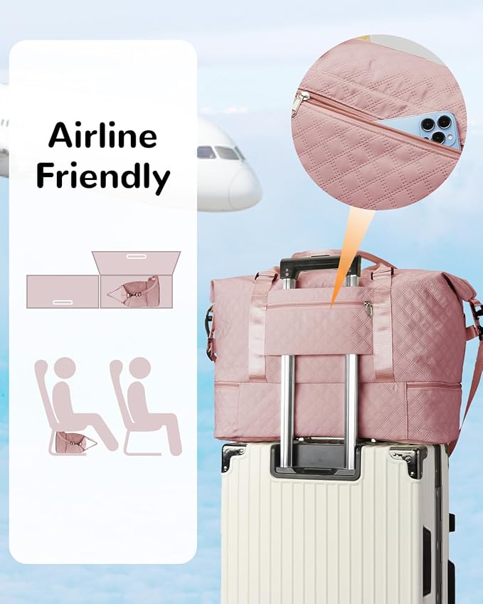 50L Large Travel Duffel Bag with Shoe Compartment & Toiletry Bag for Women, Large Hospital Bag with Wet Pocket, Pink