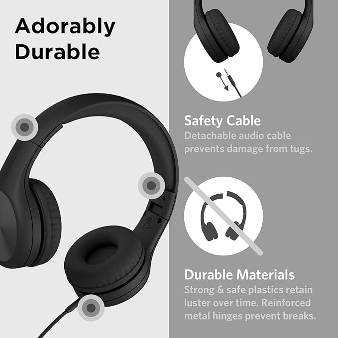 LilGadgets Connect+ Pro Wired Kids Headphones for School with Microphone, Volume Limiting Over-Ear Headset with Cord, SharePort Technology & SoftTouch Padding, Black