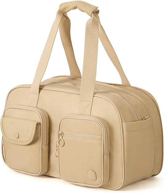 Aji Expandable Travel Duffel Bag, Duffle Bag for Travel with Wet Pocket, Carry on Weekender Bags for Men Women, Water Resistant Gym Duffel Bag Sport Bag (Khaki)