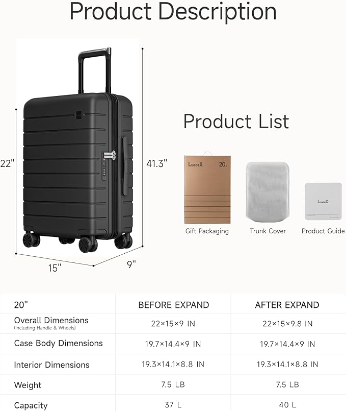 LUGGEX Carry On Luggage HUP3, Accelerate Access with DiHook, Handy Pouch, 20 inch Expandable Hard Shell Suitcases with Spinner Wheels