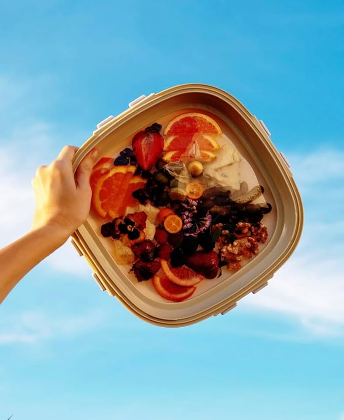 Crudités | Portable Snack Tray | Square 2-Pack | Cream White | Reversible Stretch Lid Food Containers | BPA-Free, Freezer & Dishwasher Safe | Meal-Prep, Charcuterie, Salads, Picnic, Travel