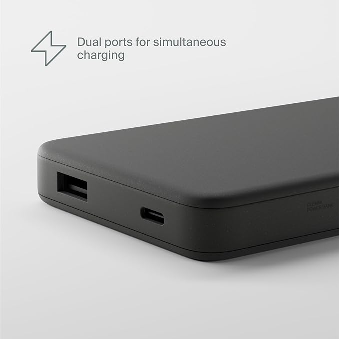 Clemm Portable Charger 10,000mAh Dual Port (USB-A, USB-C), Graphite