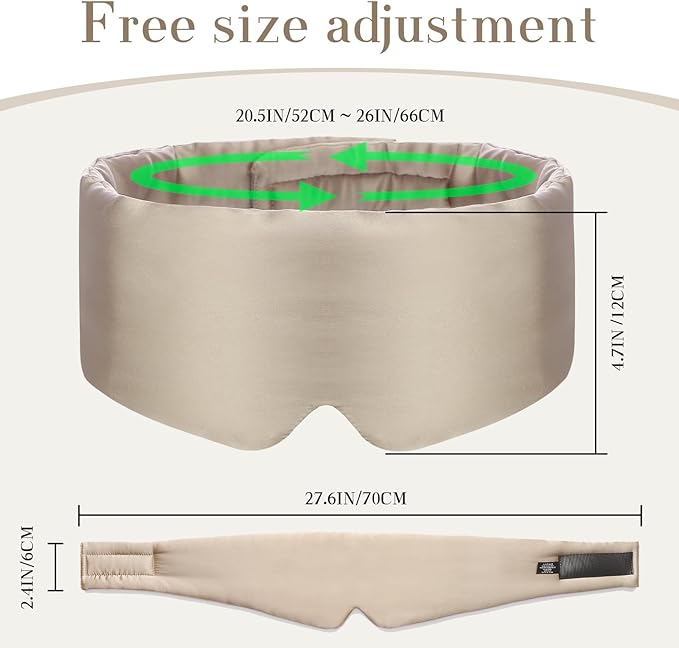 100% Mulberry Silk Sleep Mask Eye Mask for Women Man with Adjustable Band, for Side Sleeper Blackout Sleep Mask for Travel Rest and Office Large Size (Taupe)