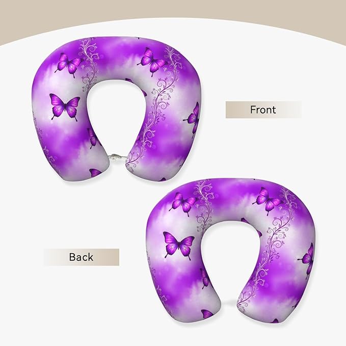 Comfortable Memory Foam Neck Pillow Purple Butterfly Art, Travel U Shaped Airplane/Car/Flight Pillows with Removable Zipper Cover, Chin Head Neck Support Cushion