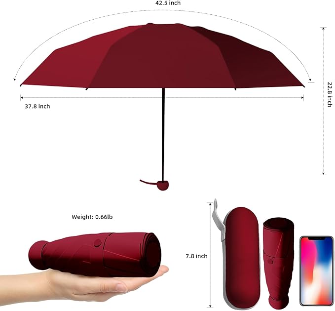 Travel Mini Compact Folding Umbrella with Case - UV Sun & Rain Protection, Lightweight Portable Pocket Umbrella for Women Men Kids, Fits Purse Backpack