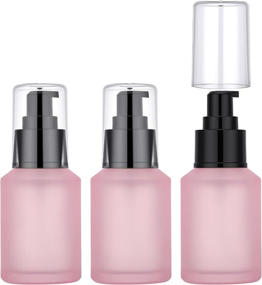 Segbeauty 2oz Frosted Glass Refillable Pump Bottles for Toiletries, 3pcs Travel Size Empty Bottles with Pumps for Foundation, 60ml Pink Travel Containers for Oils Bottle Dispenser Liquid Containers