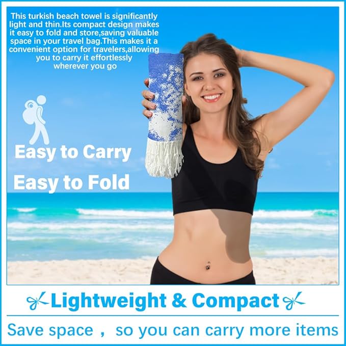 Thin Turkish Beach Towel Lightweight Soft Cotton Extra Large XL Oversized Sand Free Sandproof Absorbent Quick Dry Towels Cloud Bath Pool Travel Compact Essentials Accessories for Adult Gifts