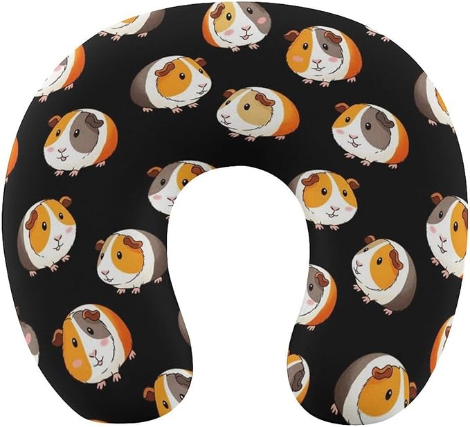 Comfortable Memory Foam Travel Neck Pillow Cute Cartoon Guinea Pig Black, Washable Removable Cover, Chin Head Support for Airplane Car Office Pain Relief Sleeping