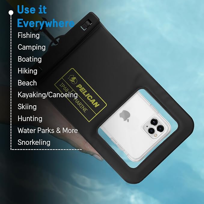 Pelican 2 Pack Marine - IP68 Waterproof Phone Pouch (XL Size) Floating Waterproof Phone Case - Beach Cruise Ship Travel Essentials - Works with All Phones - Detachable Lanyard - Black/Hi-Vis Yellow | 2 Pack, Marine, XL Size, Detachable Lanyard