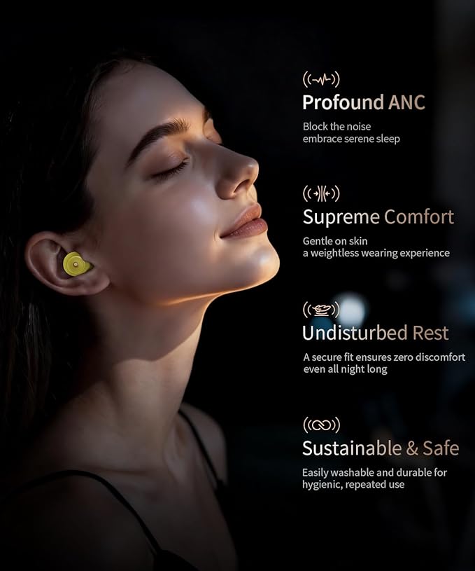 Ear Plugs for Sleeping 45dB Reusable Noise Cancelling Ear Plugs with 8 Eartips and Travel Case for Concerts, Snoring, Travel, Study Sleeping earplugs(Yellow)