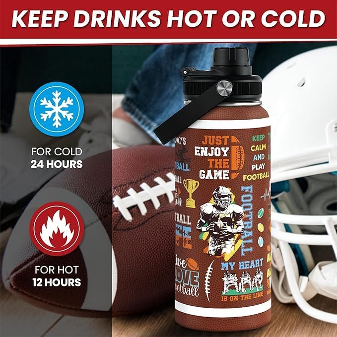 American Football Insulated Stainless Steel Water Bottle 32oz, Vacuum Chug Lid Travel Tumbler for Men Friends Dad Football Lovers Fans Coaches, Gift for Birthday Christmas Father's Day