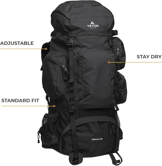 Teton 85L Explorer Internal Frame Backpack for Hiking, Camping, Backpacking, Rain Cover Included, Black