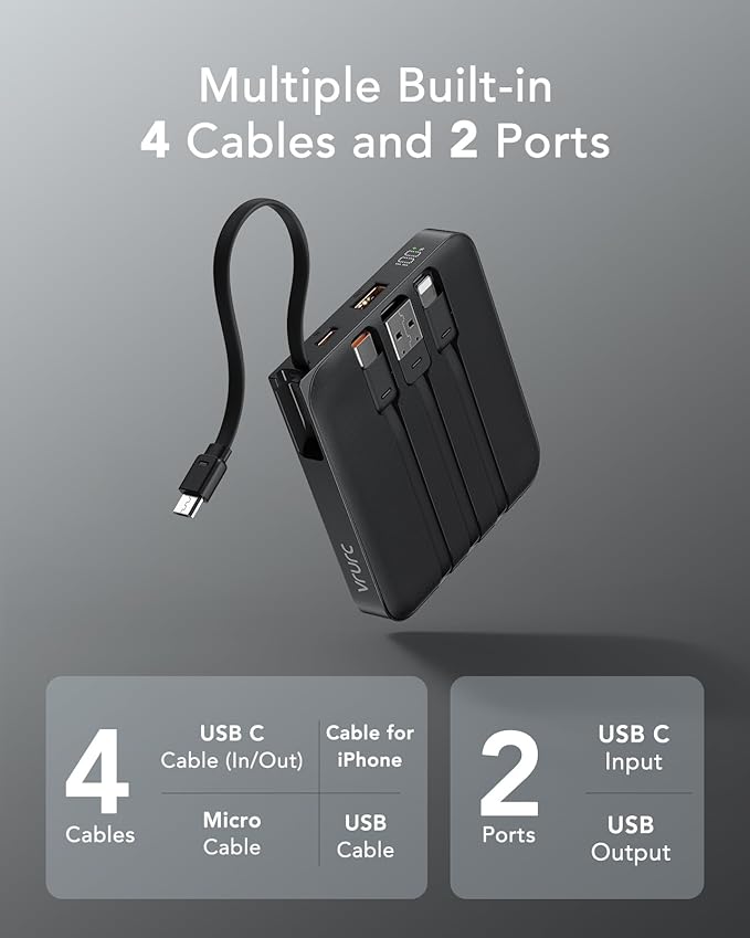 VRURC Portable Charger with Built-in Cable, 10000mAh 22.5W Fast Charging USB C Battery Pack, Cell Phone Power Bank for iPhone 17 16 15 Samsung Galaxy S25 S24 S23 Series Android Tablet, Black(1 Pack)