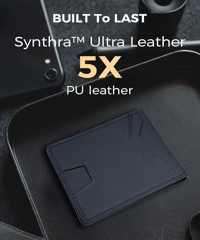 7worldlet Slim RFID Blocking Wallets for Men Synthra™ Ultra Leather Bifold Minimalist Wallet 11 Cord Holder Thin Mens Wallet with Gift Box (Black+Black)