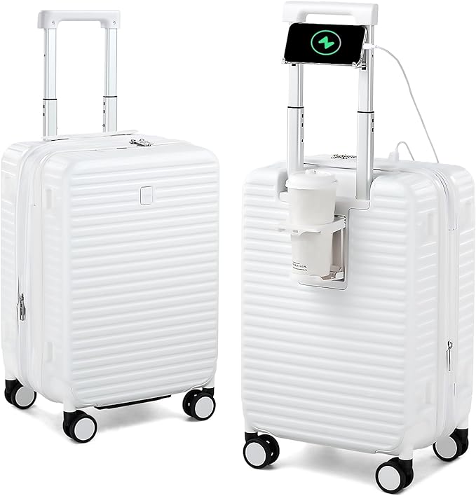 Hard Shell Suitcases Airline Approved 20 Inch Carry on Luggage, Expandable Travel Luggage Carry on Luggage with Cup Holder Charger Built in, Lightweight Small Suitcases with Wheels, White