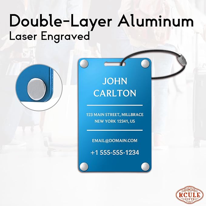 Personalized Luggage Tags for Suitcases - Aluminum Custom Luggage Tags for Backpacks & Bags, Sturdy, Waterproof & Heavy Duty (Blue/Card-Sized)