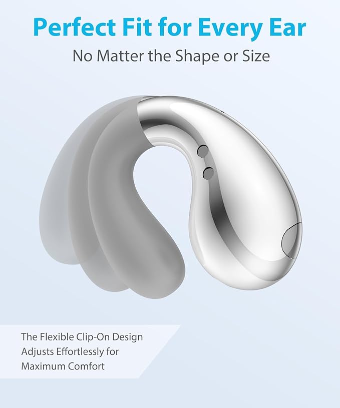 Ultra Open Ear Earbuds - Ergonomic Clip-On Earbuds, Bone Conduction Over-The-Ear Headphones with Waterproof Design and Secure Fit for Small Ears, Crystal Silver
