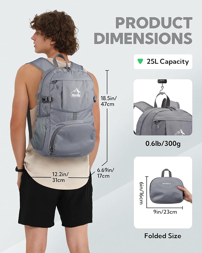 WATERFLY Hiking Packable Daypack Backpack: 25L Ultra Lightweight Day Pack for Woman Man - Small Compact Folding Back Pack for Outdoor Sport Cycling Camping Travel Trip - Gray