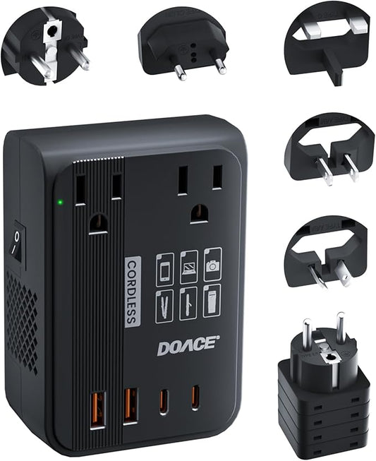 DOACE Voltage Converter US to Europe 350W Convert 220V to 110V for Curling Iron Straightener Shaver, Cordless Converter for European Travel with 2 USB A & 2 USB C Ports Charging, Black