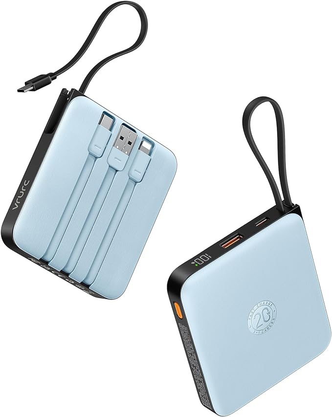 VRURC 10000mAh Portable Charger for iPhone with Built-in Cables, PD 20W Fast Charging Power Bank, Battery Pack for iPhone 16 15 14 13 Samsung Galaxy S25 S24 Series Android, Blue(1 Pack)