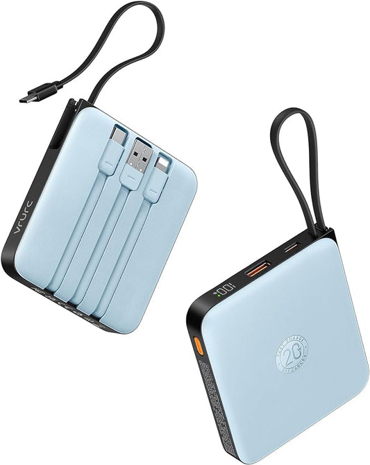 VRURC 10000mAh Portable Charger for iPhone with Built-in Cables, PD 20W Fast Charging Power Bank, Battery Pack for iPhone 16 15 14 13 Samsung Galaxy S25 S24 Series Android, Blue(1 Pack)