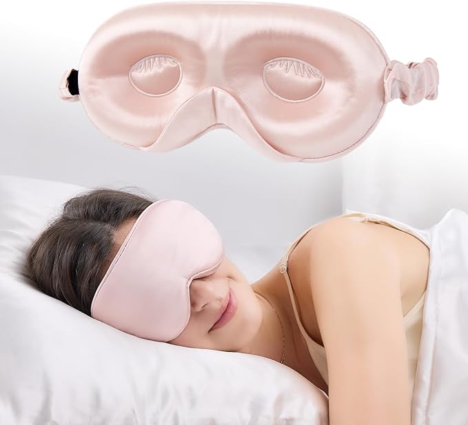 100% 22 Momme Mulberry Silk Sleep Mask with Adjustable Strap, 3D Contoured Cup Silk Eye Mask for Sleeping, Total Black Out, Pink