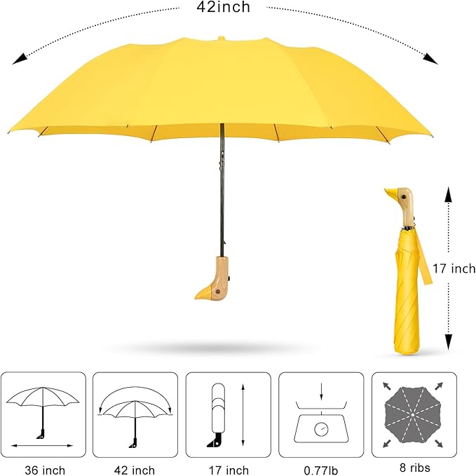 Duck Handle Umbrella Kids - Compact Portable Folding Lightweight Small Strong Wooden Duck Windproof Travel Umbrella for Kids Gifts