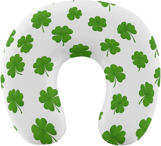 Women’s Travel Pillow U-Shaped Memory Foam Neck Rest, Green Shamrocks Lucky Grass Clovers Pattern U-Shape, Washable Airplane Car Support