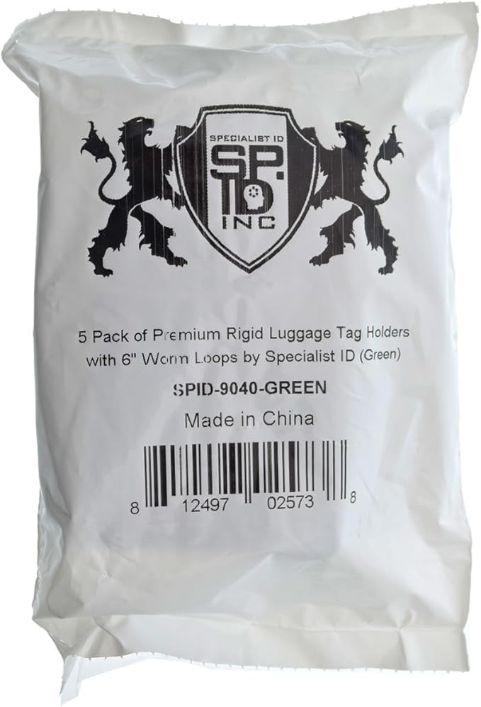 5 Pack - Premium Rigid Airline Luggage Tag Holders with 6" Worm Loops - Heavy Duty Hard Plastic -Suitcase ID Tag Identifiers with Business Card Insert Window by Specialist ID (Green)