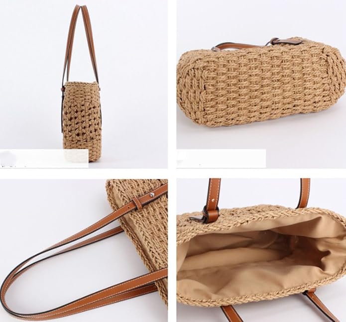 Womens Straw Tote Handbag - Summer Beach Bag with Top Handle - Handwoven Shoulder Bag - 2024