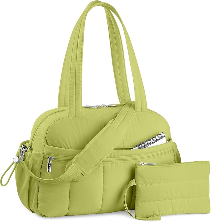 TOPDesign Travel Duffel Bag for Women, Puffer Gym Bag Sports Tote with Wet Pocket, Carry On Weekender with Luggage Sleeve (Light Green)