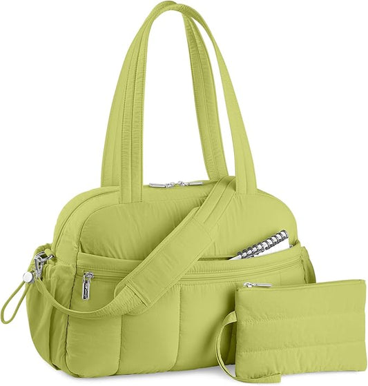 TOPDesign Travel Duffel Bag for Women, Puffer Gym Bag Sports Tote with Wet Pocket, Carry On Weekender with Luggage Sleeve (Light Green)