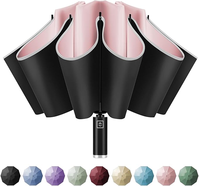 Yoobure Inverted Windproof Travel Umbrella - Automatic Umbrellas for Rain, Compact Folding with Reflective Stripe, Portable Large for Backpack, Lightweight with Sun UV Protection