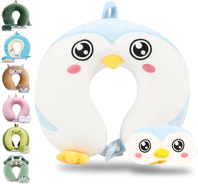 Sexysamba Cartoon Headrest & Neck Pillow for Kids Boys & Girls, Teens, Travel Accessories for Airplane, Car, Recline, Memory Foam Cute Travel Pillow with Sleep Eye Mask - Penguin