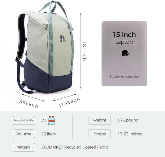 INUK Laptop Backpack for College Students & Work, 25L Lightweight Waterproof Backpack for Business Travel, Hiking Daypack with Padded Sleeve and Safety Whistle, Made from Recycled Materials，Green