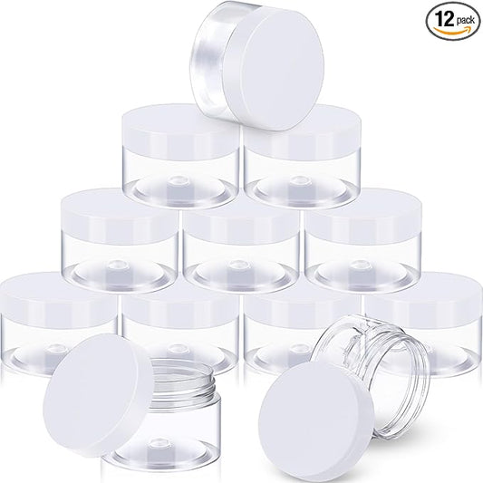 12 Pack 3 oz Plastic Container Jars with Lids Round Clear Travel Cosmetic Container Jars for Toiletries, Lotion, Cream, Ointments, Makeup, Rhinestone, Samples, Kitchen Storage (White)