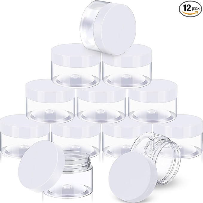 SATINIOR 12 Pack 16 oz Plastic Container Jars with Lids Round Clear Travel Cosmetic Container Slime Jars for Toiletries, Lotion, Cream, Ointments, Makeup, Rhinestone, Samples, Kitchen Storage(White)