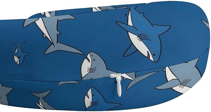 Soft Memory Foam Travel Pillow Chin Support Navy Blue Cartoon Sharks Print, Removable Washable Cover for Airplane Car Home Office Nap