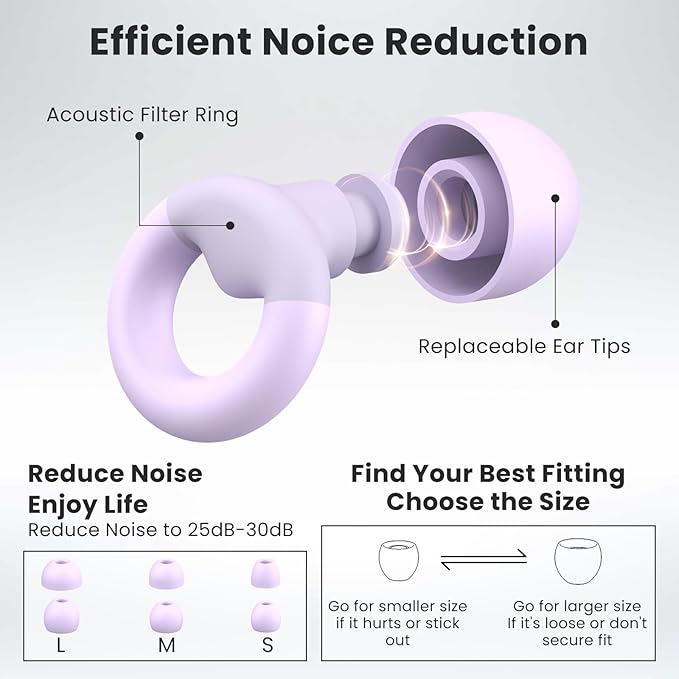 Earplugs for Sleeping,Noise Reduction Soft Silicone Ear plugs with 7 Pairs Ear tips&One Connection Cord,Hearing Protection Reusable Earplugs for Sleeping,Concert,Work&Sound Reduction 25dB-30db