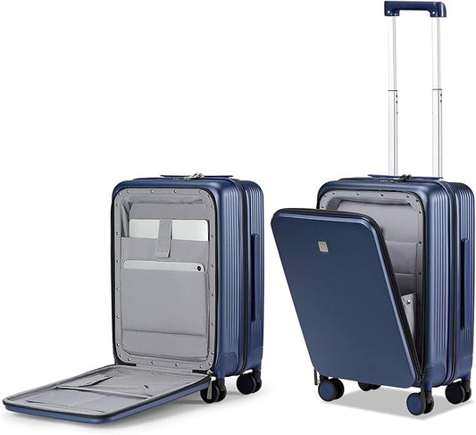 Hanke Grace Carry On Luggage with Wheels Airline Approved Hard Shell Suitcases with Front Pocket，Top Opening Luggage with TSA Lock for Short Business Travel，Dark Blue