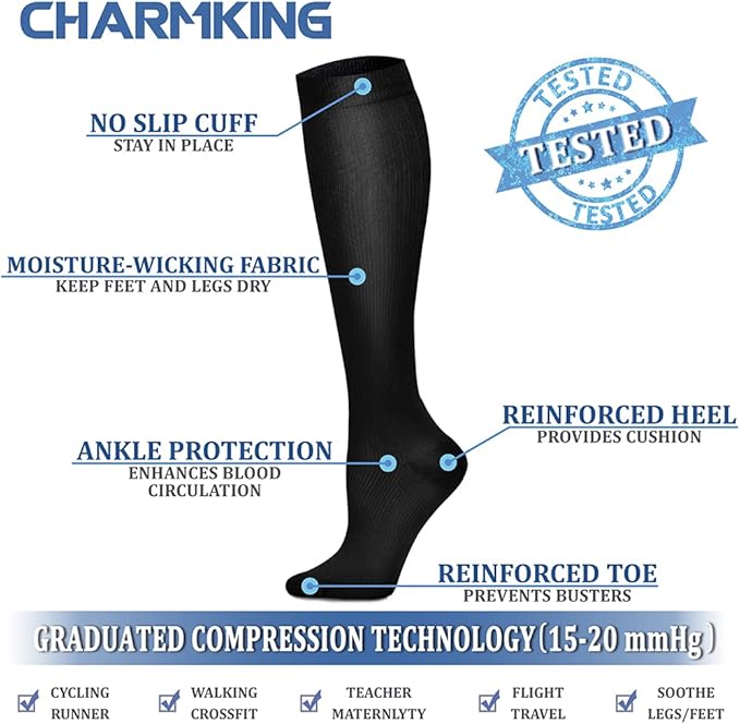 CHARMKING Compression Socks for Women & Men Circulation (8 Pairs) 15-20 mmHg is Best Support for Athletic Running,Cycling