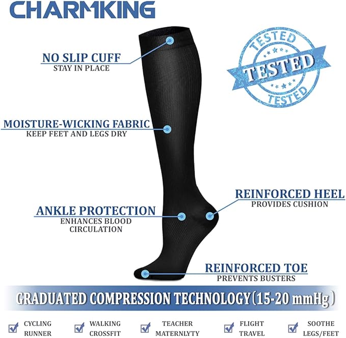 CHARMKING Compression Socks for Women & Men Circulation (8 Pairs) 15-20 mmHg is Best Support for Athletic Running,Cycling